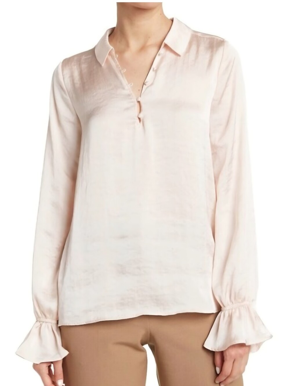 PAIGE Resa Satin Blouse L Pale Pink Ruffle Cuff Silky Workwear Top 0039